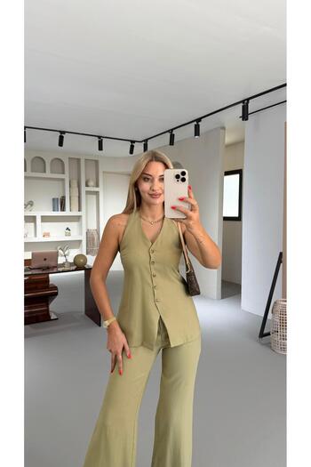 Sezgi Tekin Khaki Vest with Bone Button Back Detail