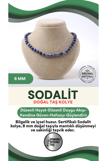 OSMANLI DEĞERLİ TAŞ Sertifikalı Sodalit Doğaltaş Kolye 8 Mm, M548