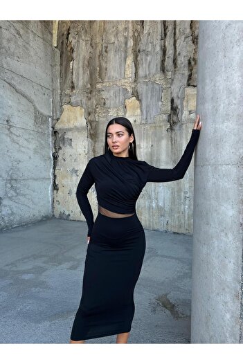 NDN STORE Rochie tip creion, lungă, cu mânecă lungă, cu decolteu decoltat, din tul din țesătură de nisip elastic 583154