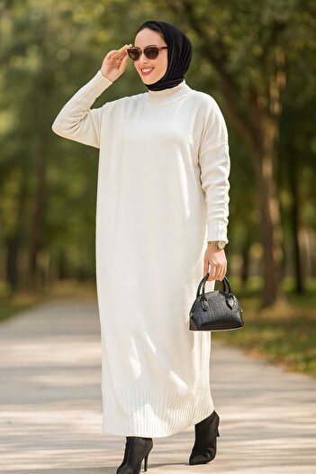 Neva Style Ecru Hijab Πλεκτό Φόρεμα 3409e