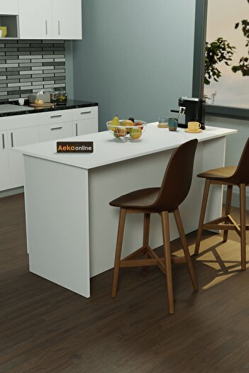 AEKA AE-2040 Vera Mutfak Adası Bar Masası Yemek Masası Dolaplı, Beyaz Raflı, Çok Amaçlı 160 cm