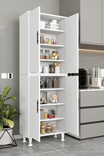 AEKA Ae-2086 Bala Beyaz Çok Amaçlı Mutfak Dolabı&banyo Dolabı, Kiler, 4 Kapaklı, Raflı, Ayaklı
