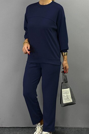 Mossta Crew Neck Viscose Two Thread Blouse Pants Double Set - Navy Blue