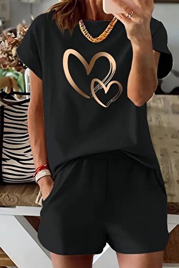 Mossta Short Sleeve Heart Printed Blouse Shorts Two Piece Set - Black