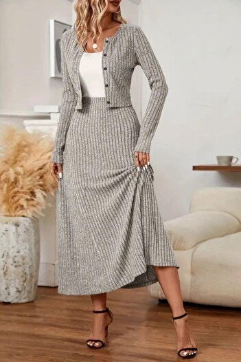 Mossta Long Sleeve Buttoned Blouse High Waist Skirt Camisole Two-Piece Set - Gray