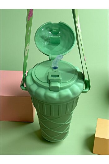 SANALTİCARETİM 500 ml Green Flask with Ice Cream Shaped Straw