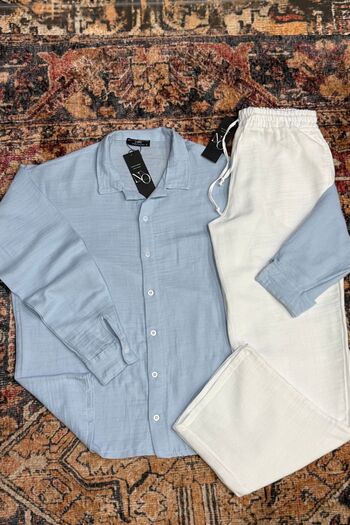 NO 601 Baby Boy Blue Muslin Shirt & White Muslin Linen Pants Set