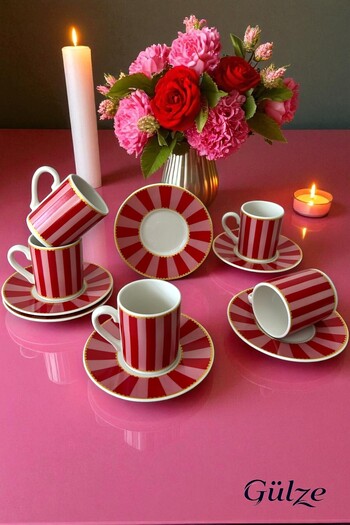 GÜLZE 6 Persons (12 Pieces) Li̇na Model Special Design Luxury Coffee Cup Set (Pure Porcelain)
