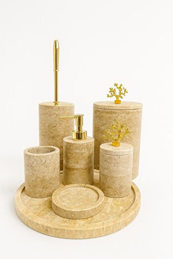 Modestmar Travertine Bathroom Set Round Gold Coral Accessories 7 Pieces