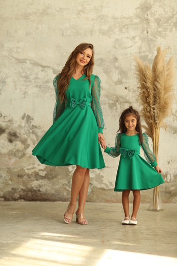 KÜÇÜĞÜM BUTİK Green Mesh Sleeve Flared Dress Mother and Daughter Combo (Mot and Child Be Added in Separate Basket)