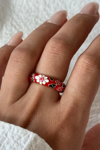 Leo'Stone Premium Series Multi Color Flower Pattern Enamel Adjustable Women's Steel Ring
