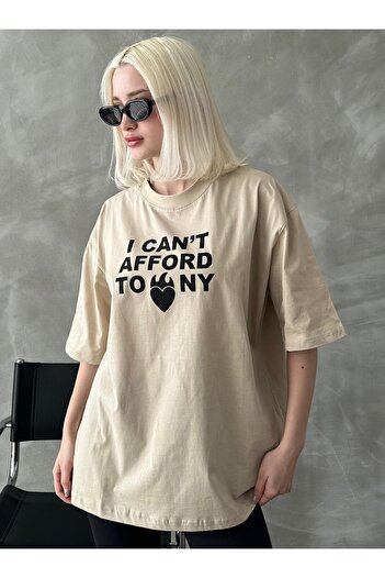 Madmext Beige Printed Crew Neck Women's T-Shirt Mg1653