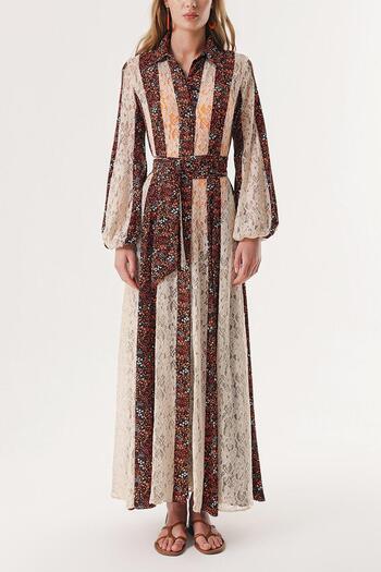 SOCIETA Floral Print Lace Detailed Long Shirt Dress 94232