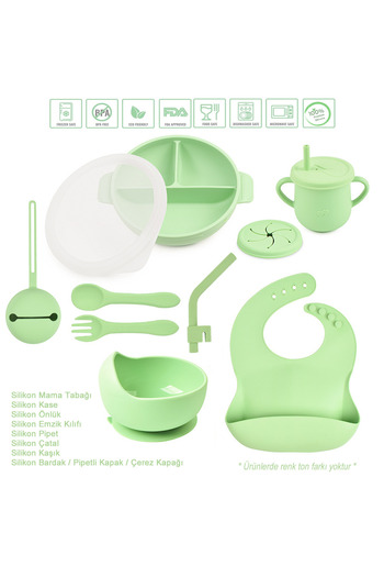 jojobebek Silicone Feeding Set Vacuum Food Plate, Bowl, Bib, Fork-Spoon, Cup / (Green)