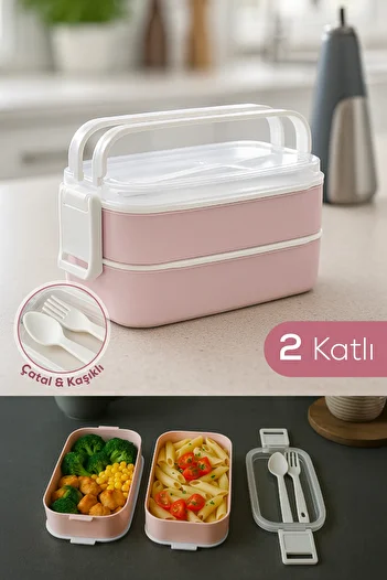 Vienev Two-Tier Storage Container and Meal Container – Including Fork and Spoon Pink