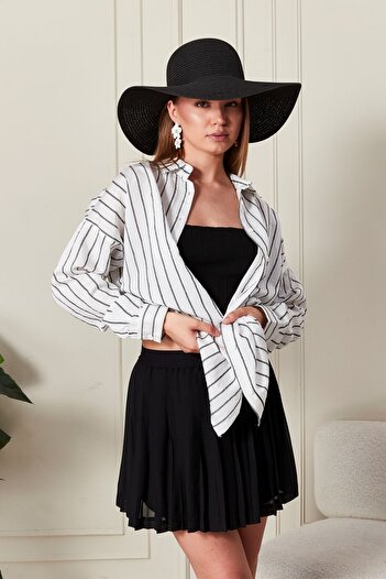 COMBİNE MİCHAİL White Striped over Fit Women's Shirt Suitable for All Seasons