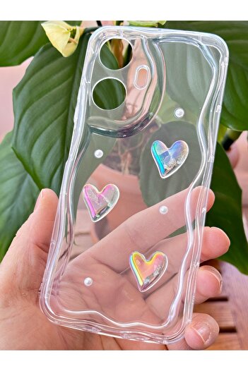 Fibaks Realme C55 Case 3D Heart Pearl Design Patterned Camera Protection Transparent Silicone Cover
