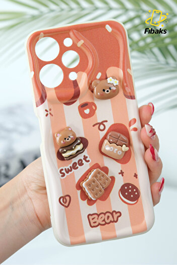 Fibaks Redmi 12 4g Compatible Case Designed Patterned Camera Protection Teddy Bear Biscuit Colored Cofffe Silicone Cap
