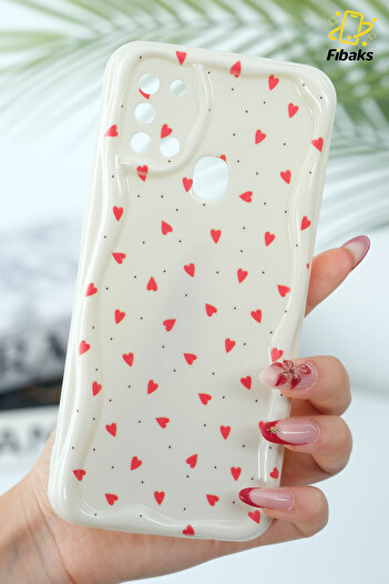 Fibaks Samsung Galaxy A21S Case with Camera Protection Wave Edge Red Heart Pattern Silicone Cover