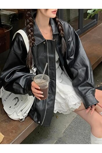 çerme Vintage Γυναικείο Oversize Μαύρο Δερμάτινο Μπουφάν