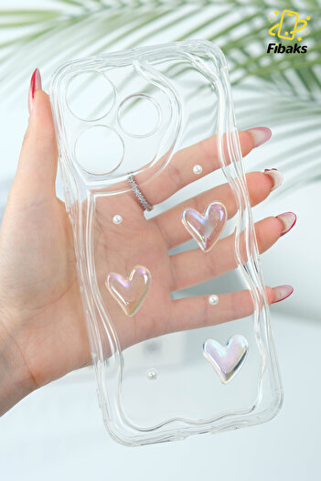 Fibaks Xiaomi Redmi 13 4g Case 3D Heart Pearl Design Patterned Camera Protection Transparent Silicone Cover