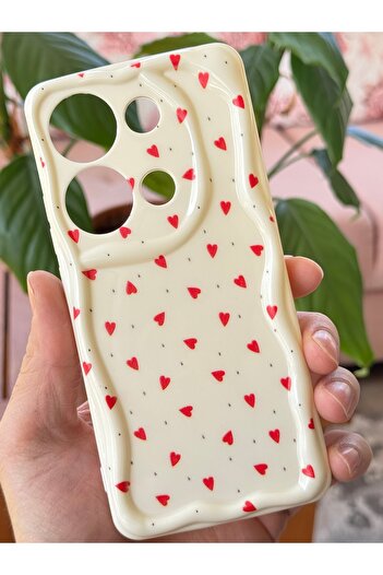 Fibaks Xiaomi Redmi Note 13 Pro 5G Kılıf Kamera Korumalı Dalga Kenarlı Kırmızı Kalp Desenli Silikon Kapak