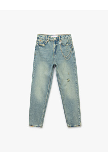 Koton Pantaloni Mom Jean cu talie înaltă, cu model confortabil, cu lanț uzat - Mom Slim Jean