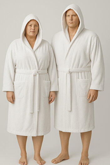 MODEL HOME TEKSTİL White Color Mega Oversized Unisex 100% Cotton Hooded Luxury Bathrobe (Size 5Xl-6Xl-7Xl)