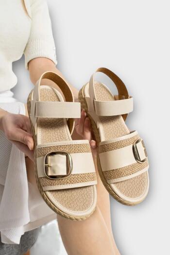 Liger Women's Buckled Straw Single Strap Rubber Detailed Sandals Cream