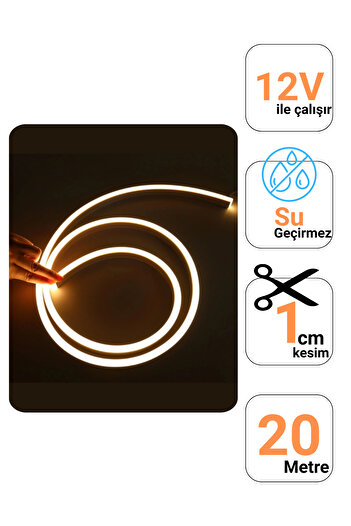 Ema Dükkan 20 Metre 12 Volt Gün Işığı Neon Led Şerit Işık 3200k Gerçek Silikon 1 Cm Kesimli Aydınlatma