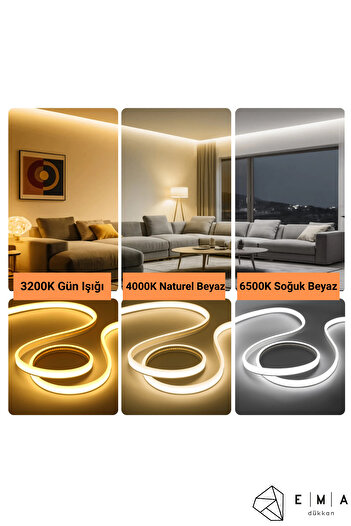 Ema Dükkan 5 Metre 12 Volt Gün Işığı Neon Led Şerit Işık 3200K Gerçek Silikon 1 Cm Kesimli Dekoratif Aydınlatma