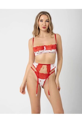 Virtous Vision Panties Bra Garter 3-Piece Set Thong Panties Red Heart Love Set