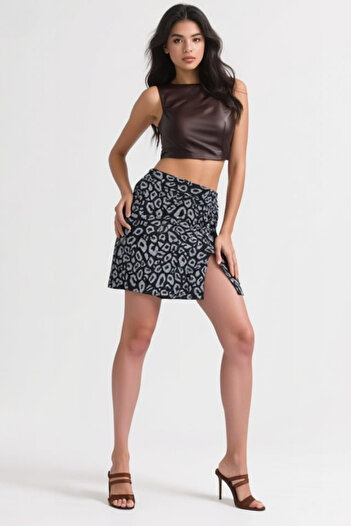 mrmpro Women's Mini Skirt Leopard Print Gray Slit/Cotton Fabric