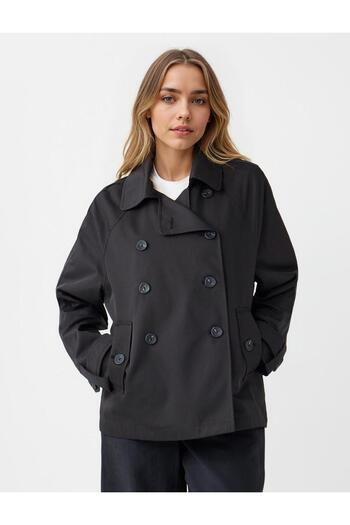 Jimmy Key Black Double Breasted Collar Long Sleeve Trench Coat