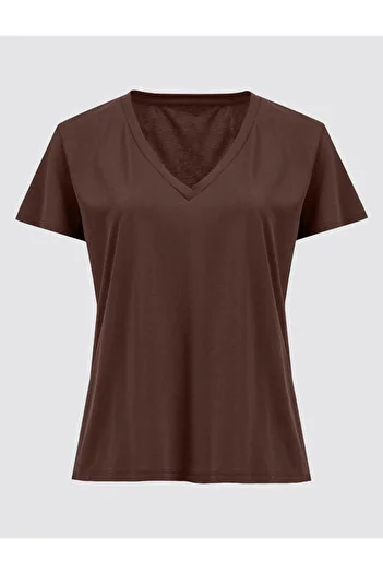 Jimmy Key Bitter Brown V-Neck Short Sleeve Knitted Modal T-Shirt