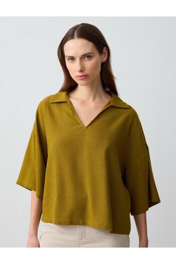 Jimmy Key Khaki V-Neck Three Quarter Sleeve Linen Blend Blouse
