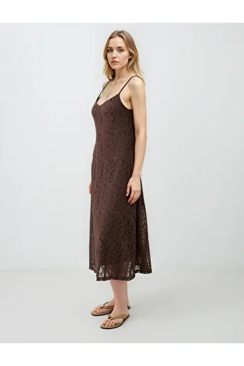 Jimmy Key Bitter Brown V-Neck Strappy Midi Knitted Dress with Lace Detail