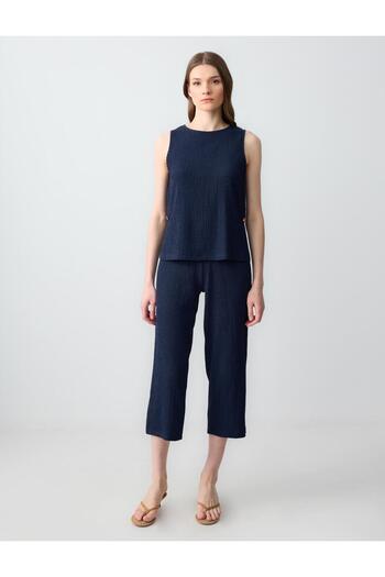 Jimmy Key Navy Blue High Waist Regular Leg Short Knitted Trousers
