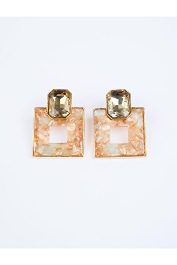 Jimmy Key Brown Square Figured Shiny Stone Detailed Earrings