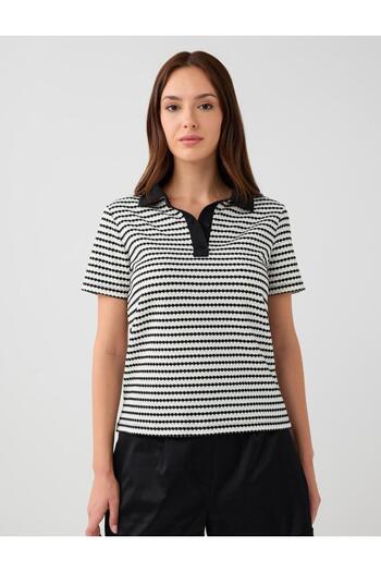 Jimmy Key Black Polo Neck Short Sleeve Stripe Pattern Knitted T-Shirt