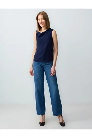 Jimmy Key Navy Blue Straight Cut Boat Neck Sleeveless Woven Blouse