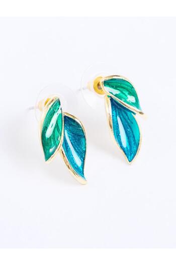 Jimmy Key Navy Blue Leaf Figured Enamel Detailed Earrings