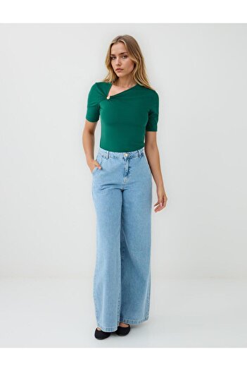 Jimmy Key Green Slim Fit Asymmetrical Neckline Short Sleeve Blouse
