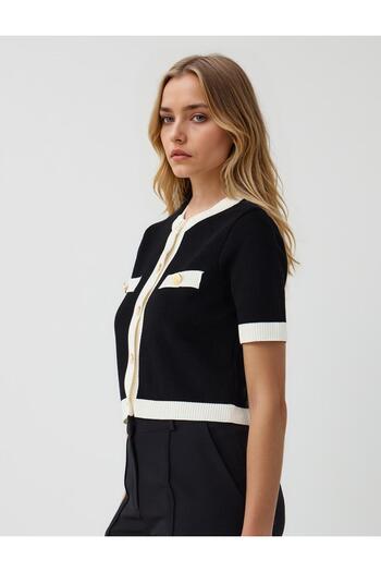 Jimmy Key Cardigan negru cu mâneci scurte cu gât rotund