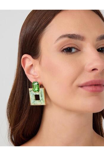 Jimmy Key Green Square Figured Shiny Stone Detailed Earrings