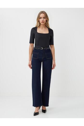 Jimmy Key Black Slim Fit Square Neck Elbow Sleeve Knitted Blouse