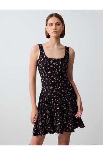 Jimmy Key Black Relaxed Fit Square Neck Sleeveless Floral Print Knitted Mini Dress