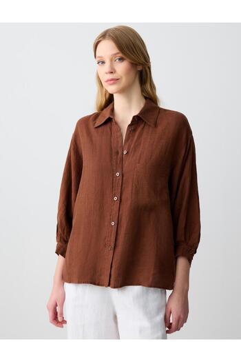 Jimmy Key Bitter Brown 100% Linen Relaxed Fit Three Quarter Sleeve Woven Shirt