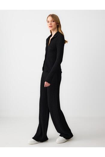 Jimmy Key Black Relaxed Cut High Waist Loose Wide Leg Textured Knitted Trousers