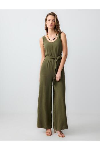 Jimmy Key Khaki Relaxed Fit Waist Tie Linen Blend Jumpsuit